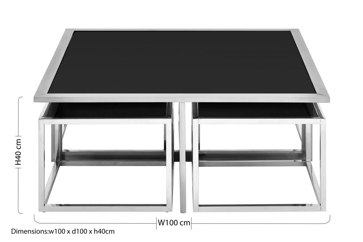 Modern horizon silver coffee table set with sleek black glass tops and polished chrome metal frames perfect for any space