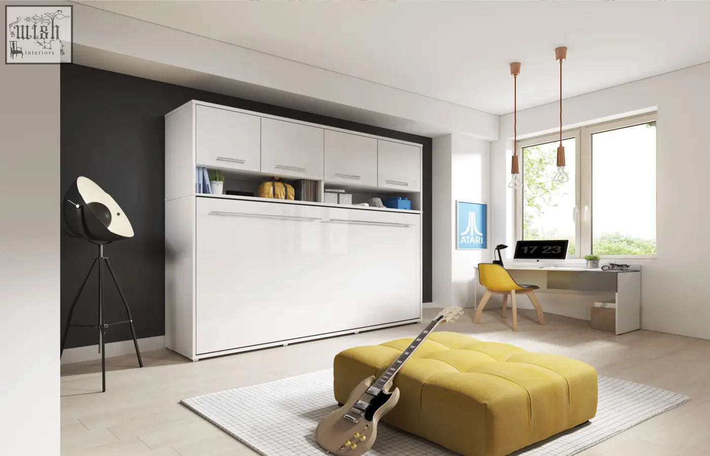 White lacquered horizontal folding wall bed with solid 22mm laminated small double mattress and overhead cabinet