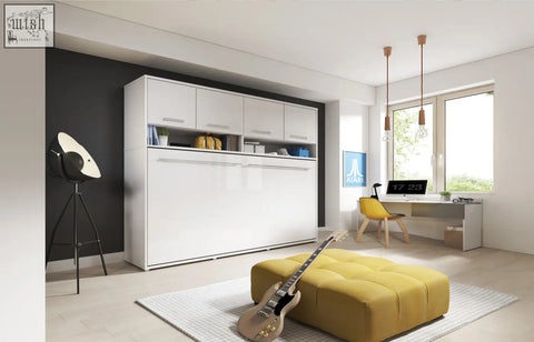 White lacquered small double wall bed with solid 22mm laminated sleek cabinet doors and open shelving above mattress