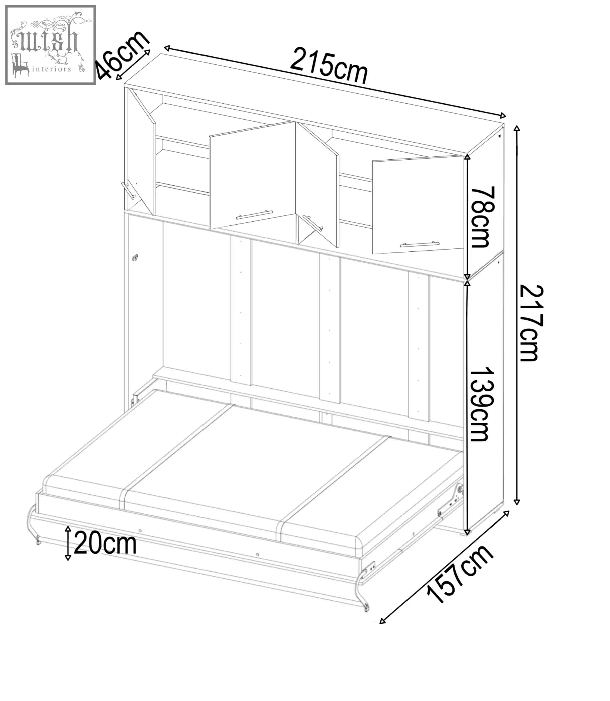 A sleek small double wall bed with solid 22mm laminated finish and overhead storage cabinets in a modern design