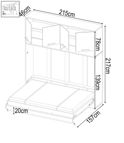 A sleek small double wall bed with solid 22mm laminated finish and overhead storage cabinets in a modern design