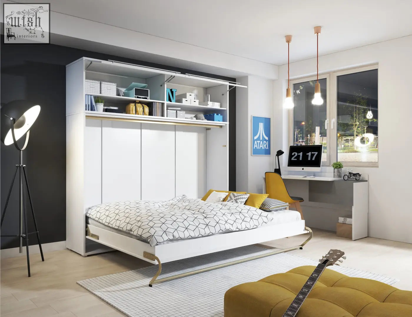 White foldable small double wall bed with solid 22mm laminated metal frame and geometric bedding in overhead cabinet unit