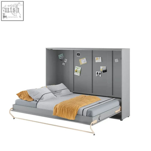 Gray wall-mounted horizontal folding wall bed with small double solid 22mm laminated panels and mustard-yellow bedding