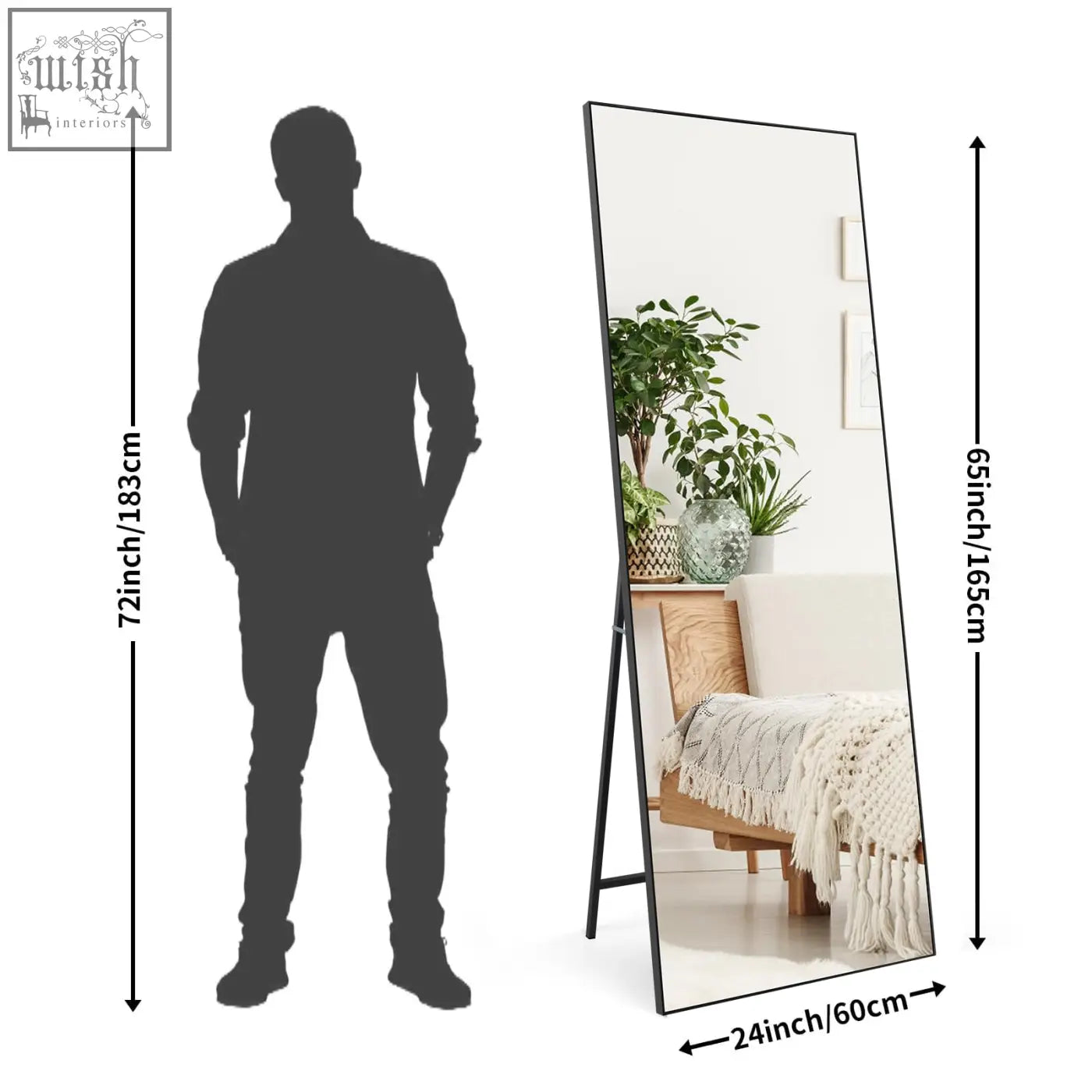 Black-framed horlimer free standing long mirror with minimalist design for wall hanging or floor use in bathroom or living room