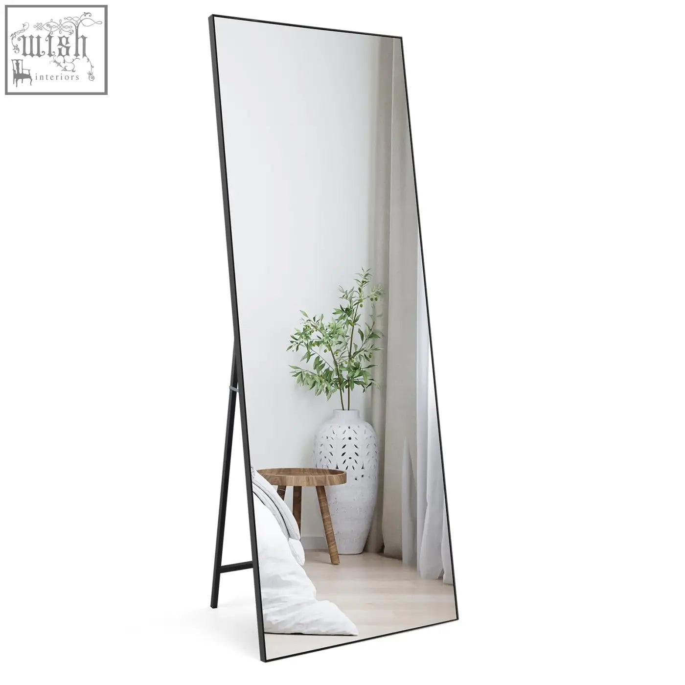 Horlimer 65x24 inch long mirror with black metal frame and a-frame stand for free standing or wall hanging use