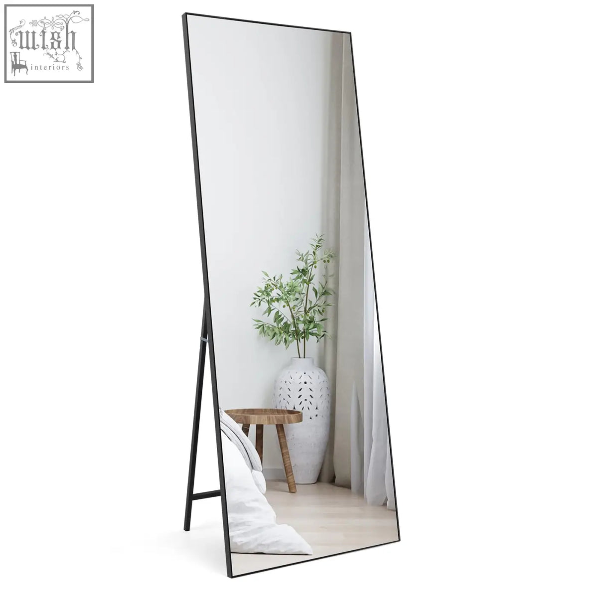 Horlimer 65x24 inch long mirror with black metal frame and a-frame stand for free standing or wall hanging use