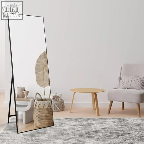 Horlimer 65x24 inches long mirror with sleek black frame and minimalist a-frame stand for free standing or wall hanging