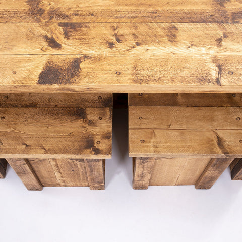 Rustic horsham breakfast bar kitchen island with warm weathered wooden table and visible grain patterns