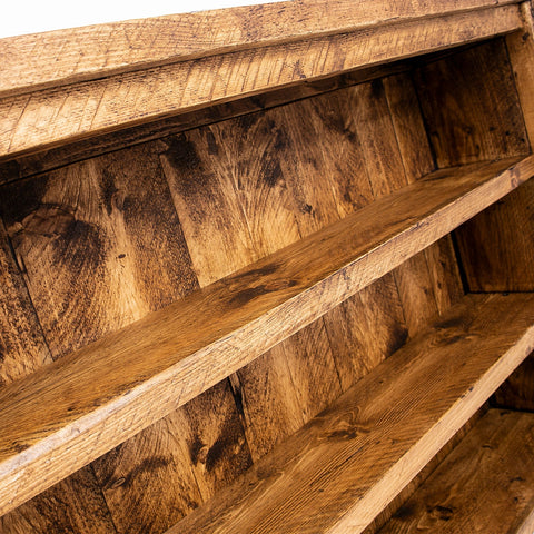 Rustic wooden horsham breakfast bar kitchen island with weathered dark brown and golden tones showing natural grain