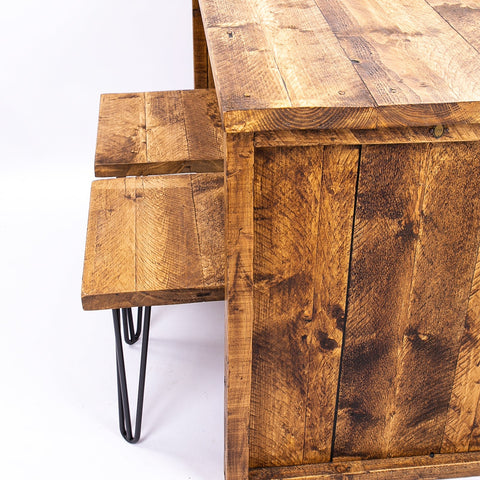 Rustic horsham breakfast bar kitchen island with distressed warm brown wooden table and visible wood grain