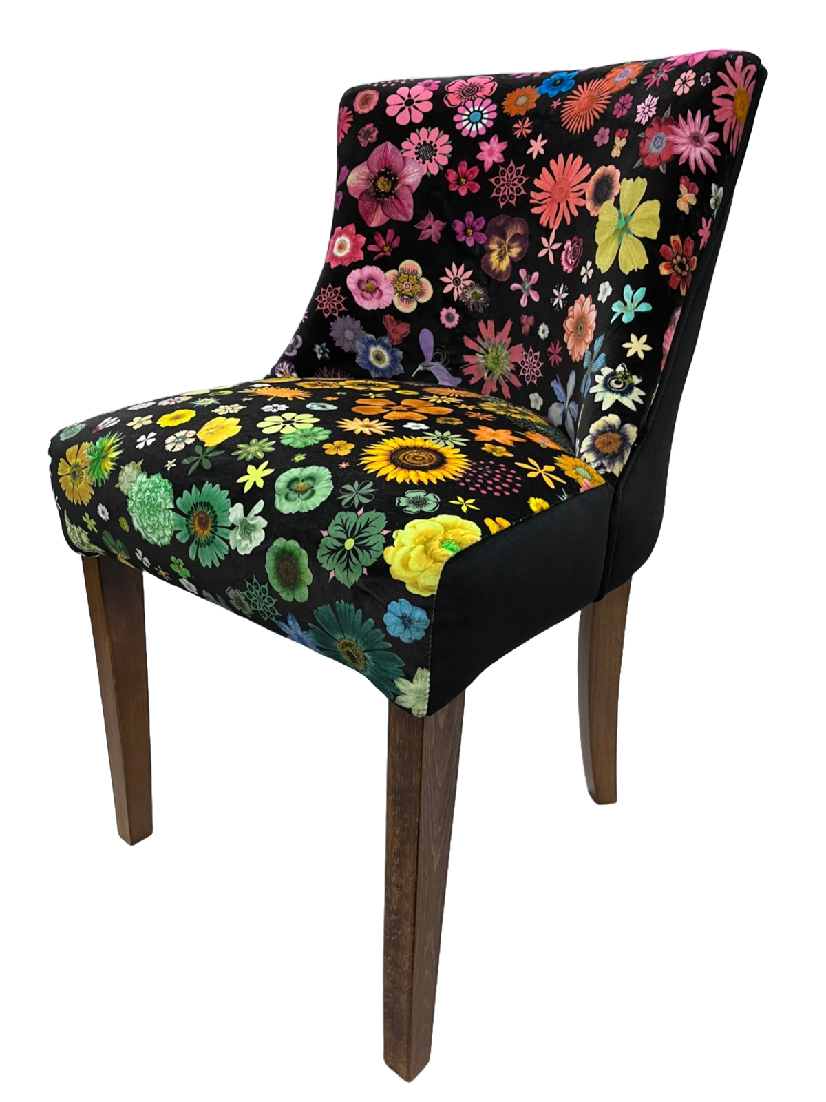 A vibrant floral-patterned horton chair with black base and wooden legs perfect for stylish living spaces