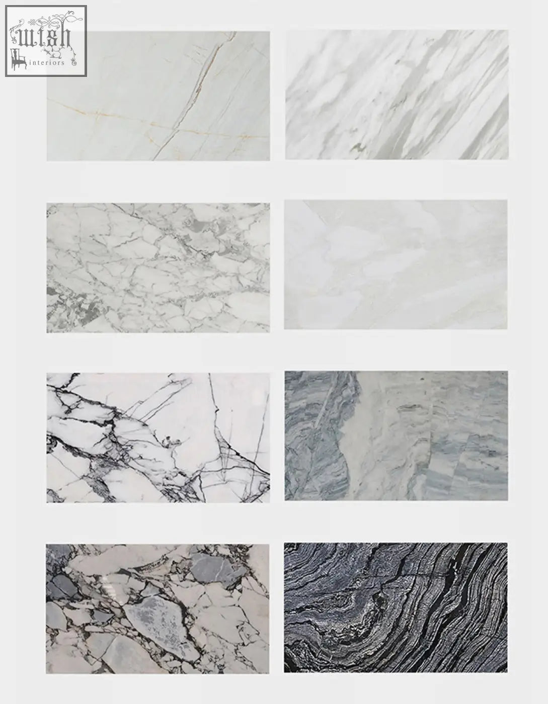 A collection of eight marble dining table slabs in shades of gray showcasing unique veining for hossain dining table