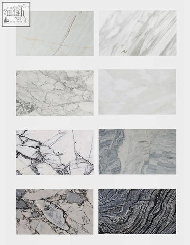A collection of eight marble dining table slabs in shades of gray showcasing unique veining for hossain dining table