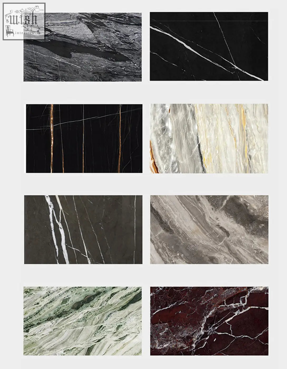 A collection of six marble slabs with unique veining perfect for a hossain marble dining table design