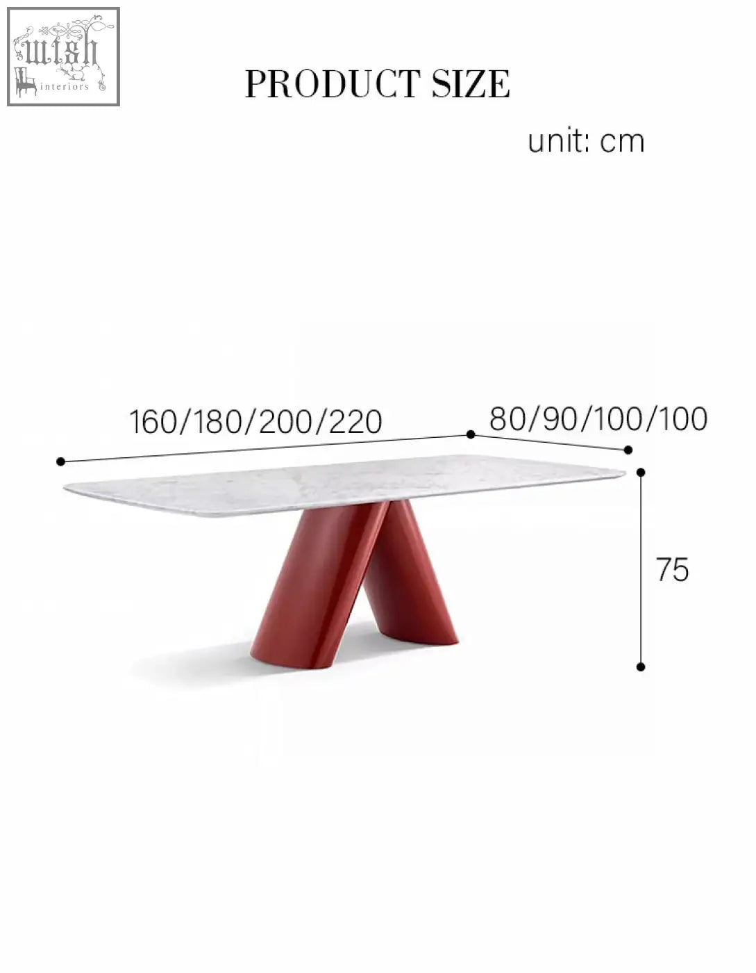 Modern rectangular hossain dining table with white marble top and bold red v shaped base for marble dining