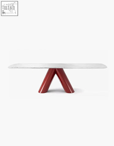Hossain dining table with sleek white marble top and bold glossy red v-shaped legs modern marble dining table