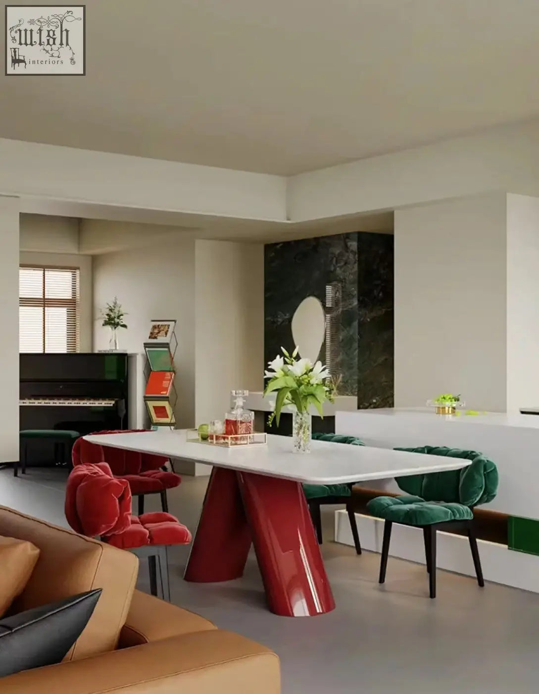 Hossain dining table with a glossy white marble dining top and bold red sculptural legs for modern dining spaces