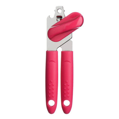 Hot pink can opener with chromed steel cutting mechanism and ergonomic grip for easy use in hot range kitchens