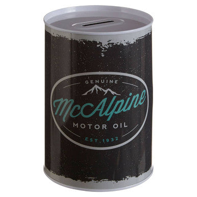 Black and silver vintage-style mcc alpine motor oil can money tin with slot hot rod large rod large money bank