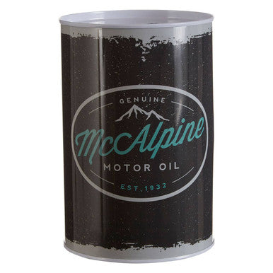 Black and silver vintage style mcalpine motor oil tin money tin with distressed finish hot rod large style