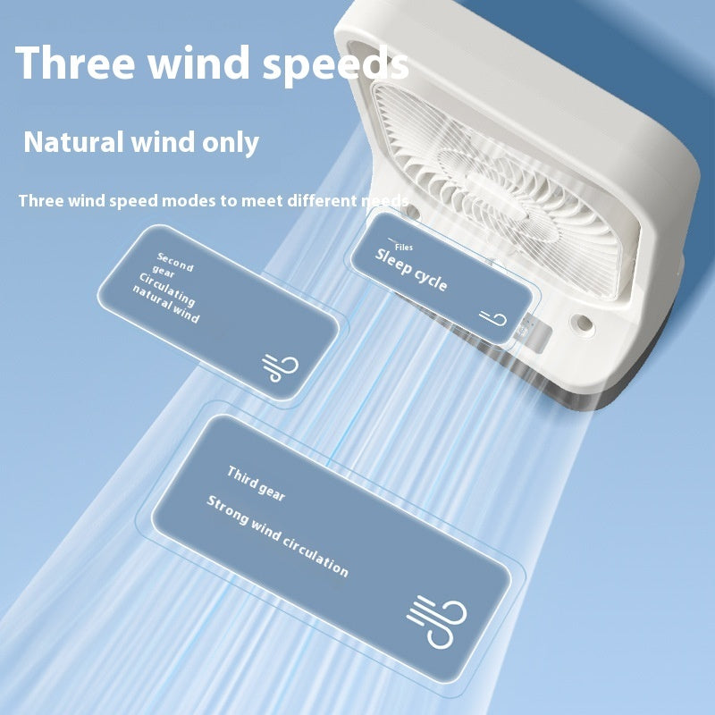 White plastic household cooling fan with three adjustable wind speed settings and usb rechargeable battery