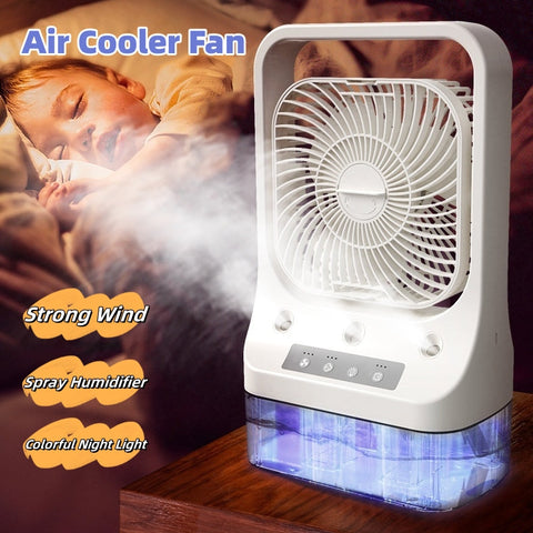 White plastic usb rechargeable air cooler fan with transparent water tank lit by blue led for quiet home cooling