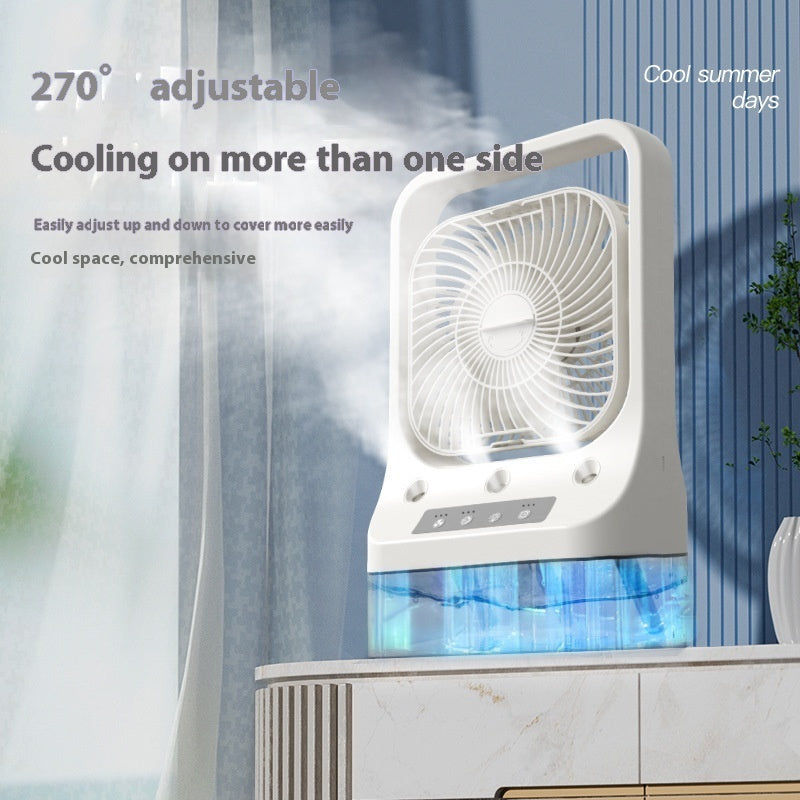 White household cooling fan with 270° adjustable head and transparent water tank usb rechargeable low noise design