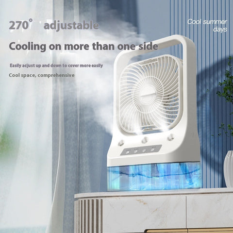 White household cooling fan with 270° adjustable head and transparent water tank usb rechargeable low noise design