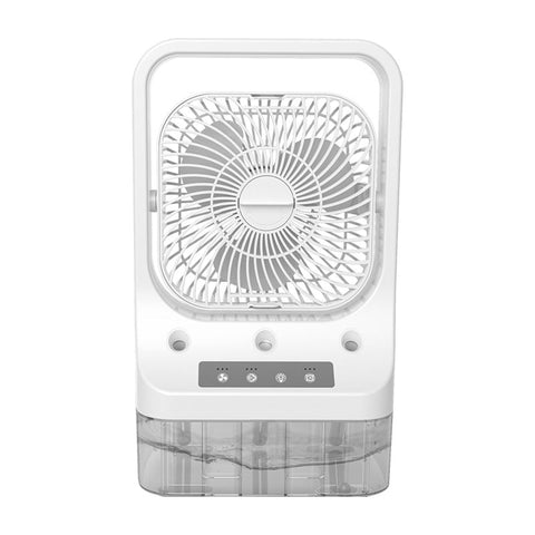 White portable evaporative cooler with circular fan grille, transparent water tank, and usb rechargeable low noise fan