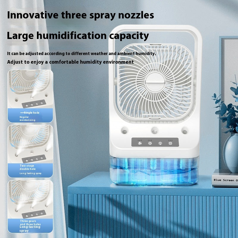 White rectangular usb rechargeable air cooler with adjustable head and blue water tank for low noise home cooling