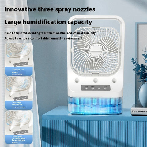 White rectangular usb rechargeable air cooler with adjustable head and blue water tank for low noise home cooling