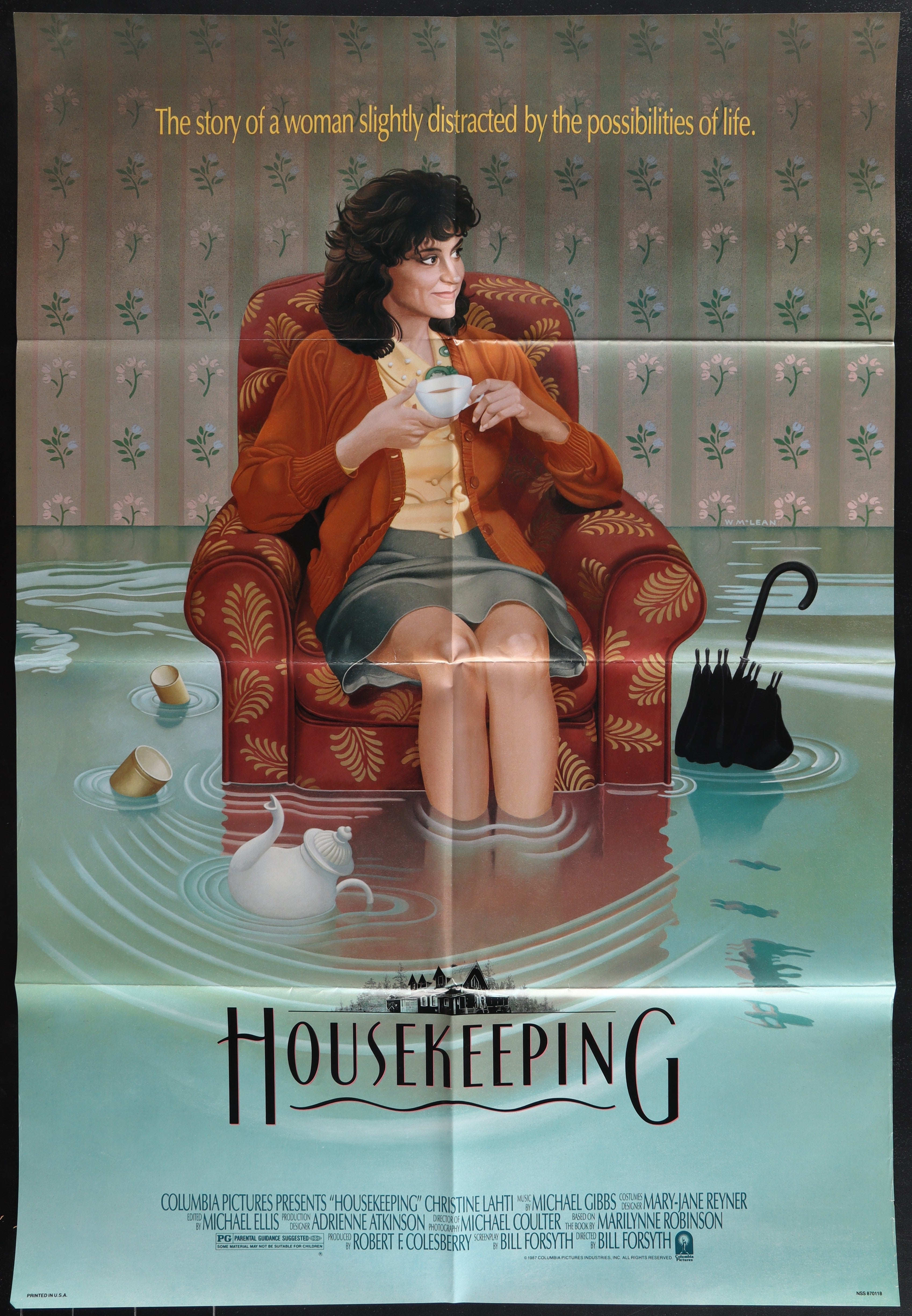 Woman in orange cardigan and gray skirt sits in red patterned armchair holding white teacup on housekeeping 1987 movie poster
