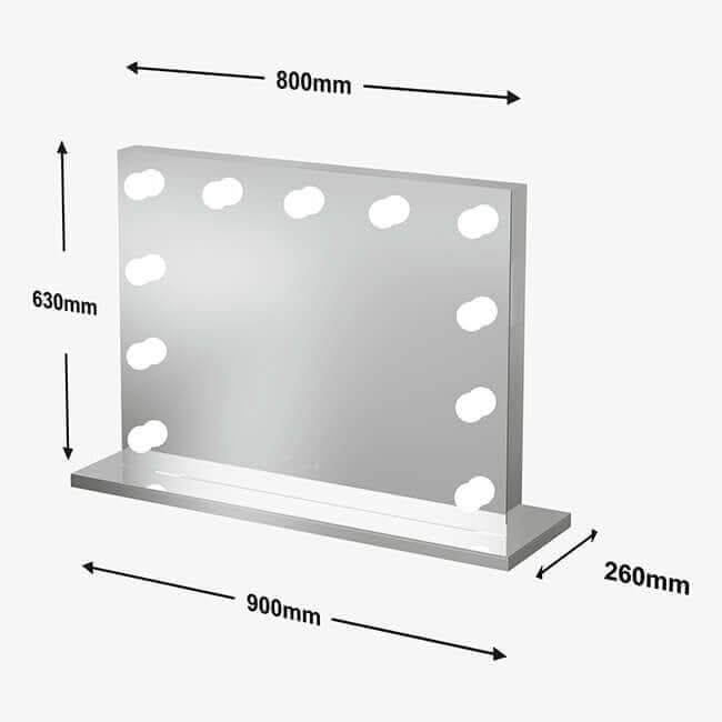 Silver-framed rectangular houston bluetooth hollywood mirror with bright light and audio bluetooth speakers embedded edges