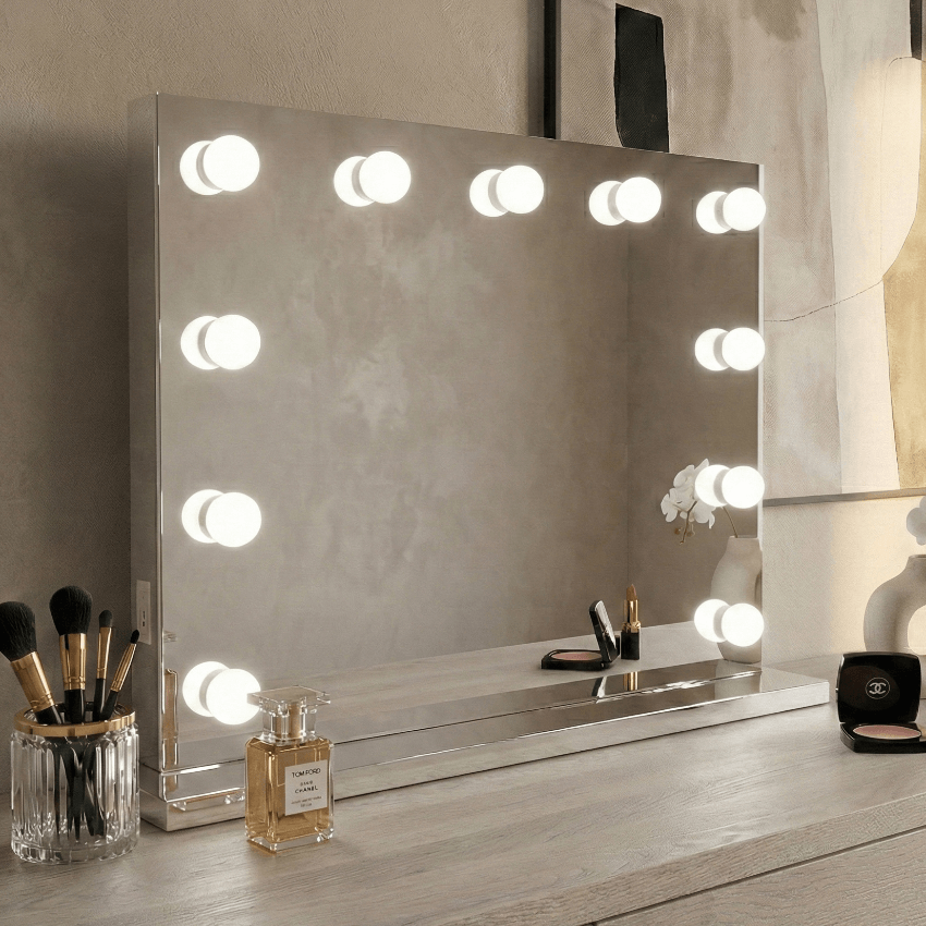 Silver-framed houston bluetooth hollywood mirror with bright light round led and built-in audio bluetooth speakers