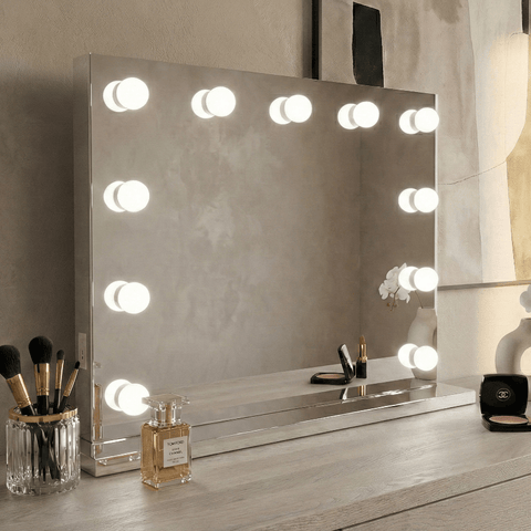 Silver-framed houston bluetooth hollywood mirror with bright light round led and built-in audio bluetooth speakers