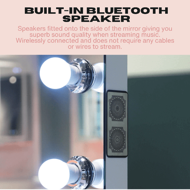 Houston Bluetooth Hollywood mirror 80x60cm with chrome light bulbs and built-in audio bluetooth speakers for bright light