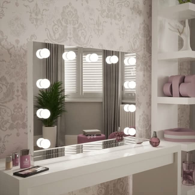 Houston bluetooth hollywood mirror 80x60cm with white frame bright light and built-in audio bluetooth speakers