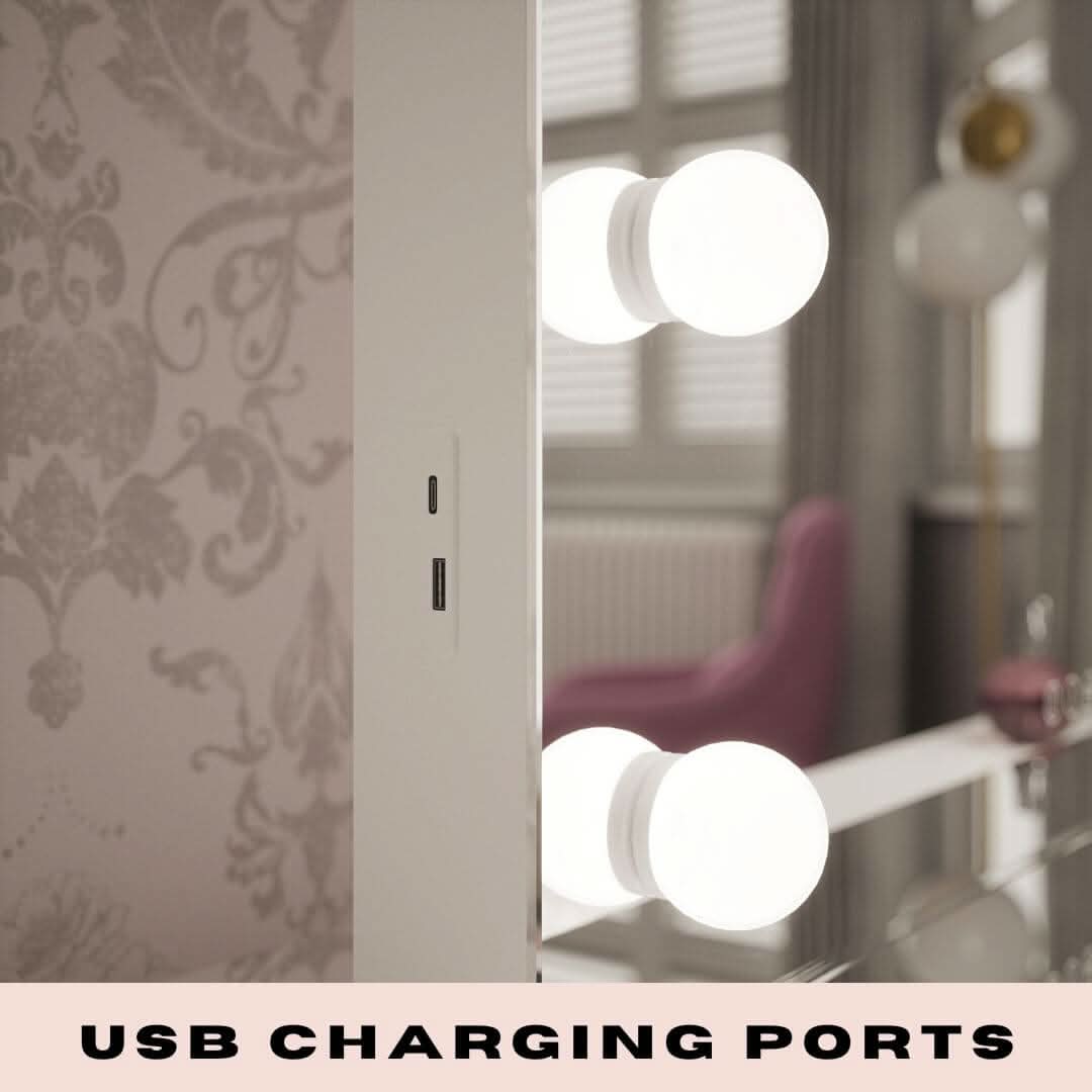 White Houston Bluetooth Hollywood mirror 80x60cm with bright light bulbs and audio bluetooth speakers plus USB ports