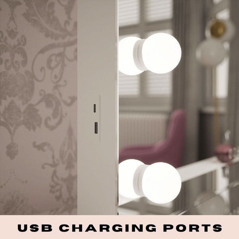 White Houston Bluetooth Hollywood mirror 80x60cm with bright light bulbs and audio bluetooth speakers plus USB ports