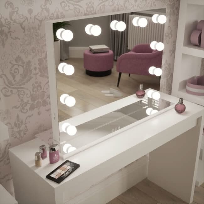 White vanity with bright light round bulbs and built-in audio bluetooth speakers houston hollywood mirror 80x60cm