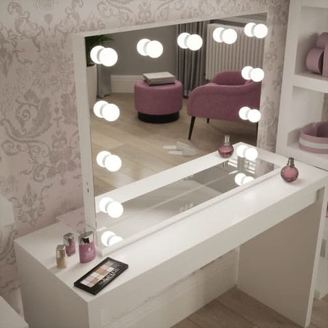 White vanity with bright light round bulbs and built-in audio bluetooth speakers houston hollywood mirror 80x60cm