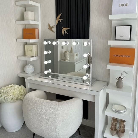 White houston bluetooth hollywood mirror 80x60cm with bright light bulbs and built-in audio bluetooth speakers