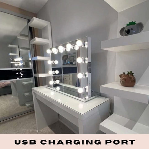 White houston bluetooth hollywood mirror 80x60cm with bright light bulbs and built in audio bluetooth speakers