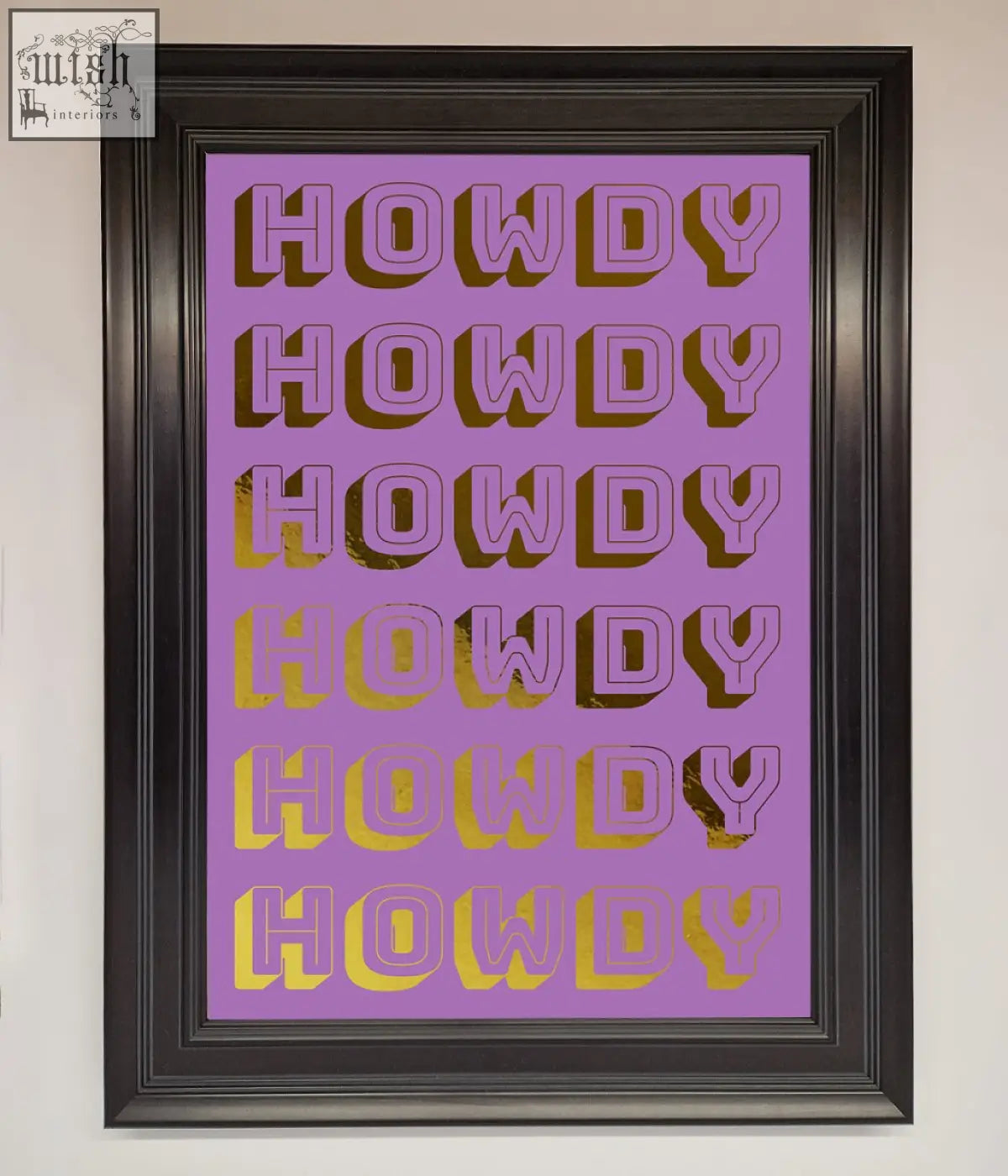 Black framed purple and gold howdy foil print art perfect for stylish wall decor and gift ideas