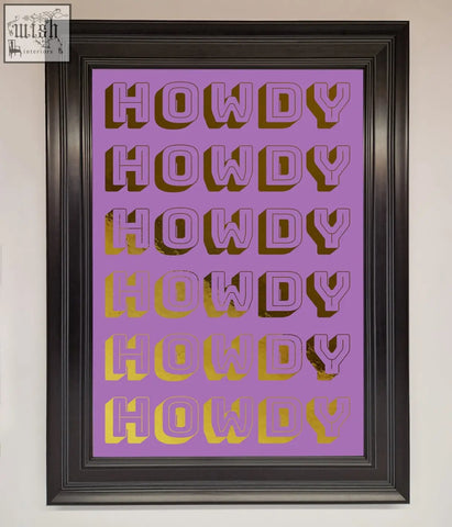 Black framed purple and gold howdy foil print art perfect for stylish wall decor and gift ideas