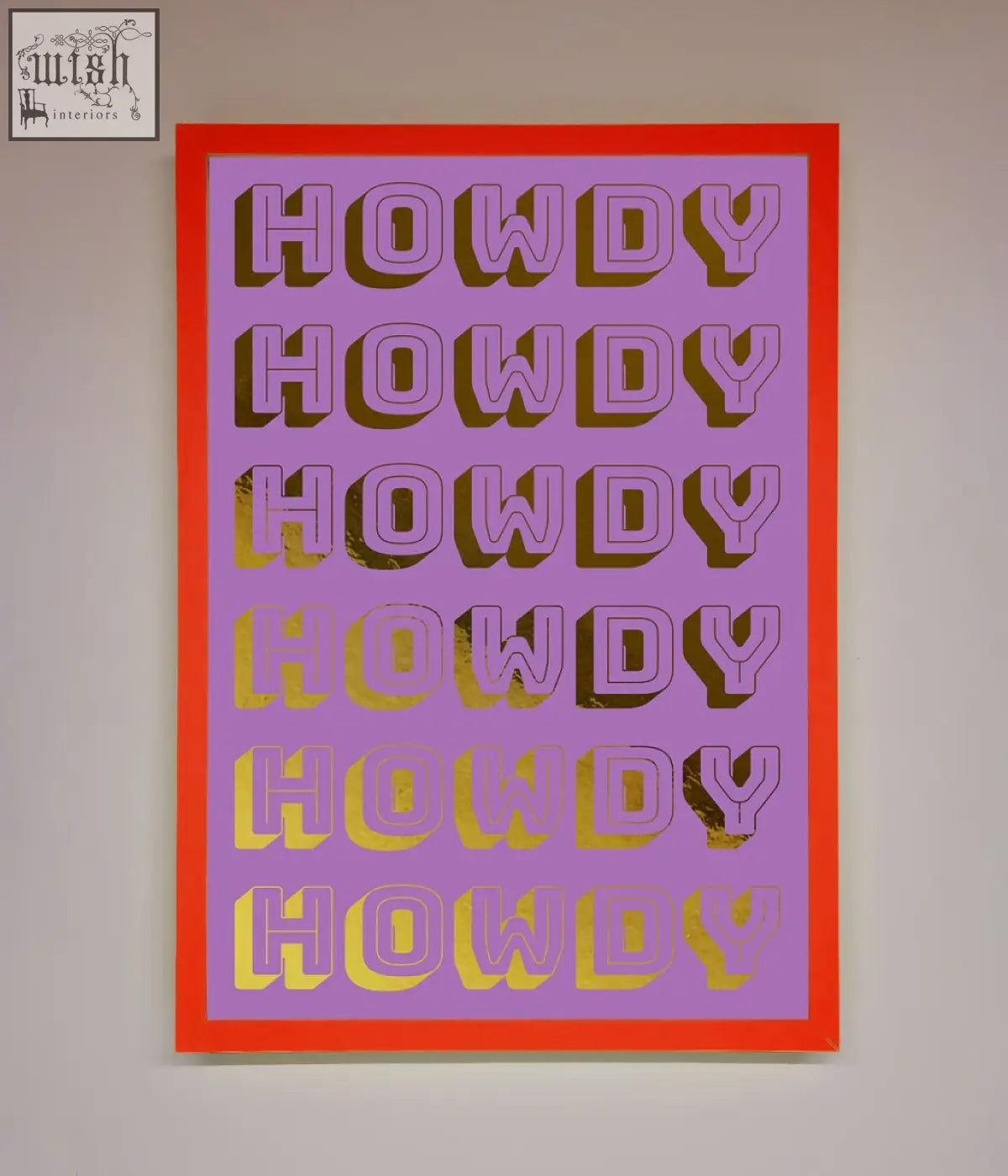 A vibrant pop art framed poster featuring howdy foil print in bold purple and gold gradient on a lavender background