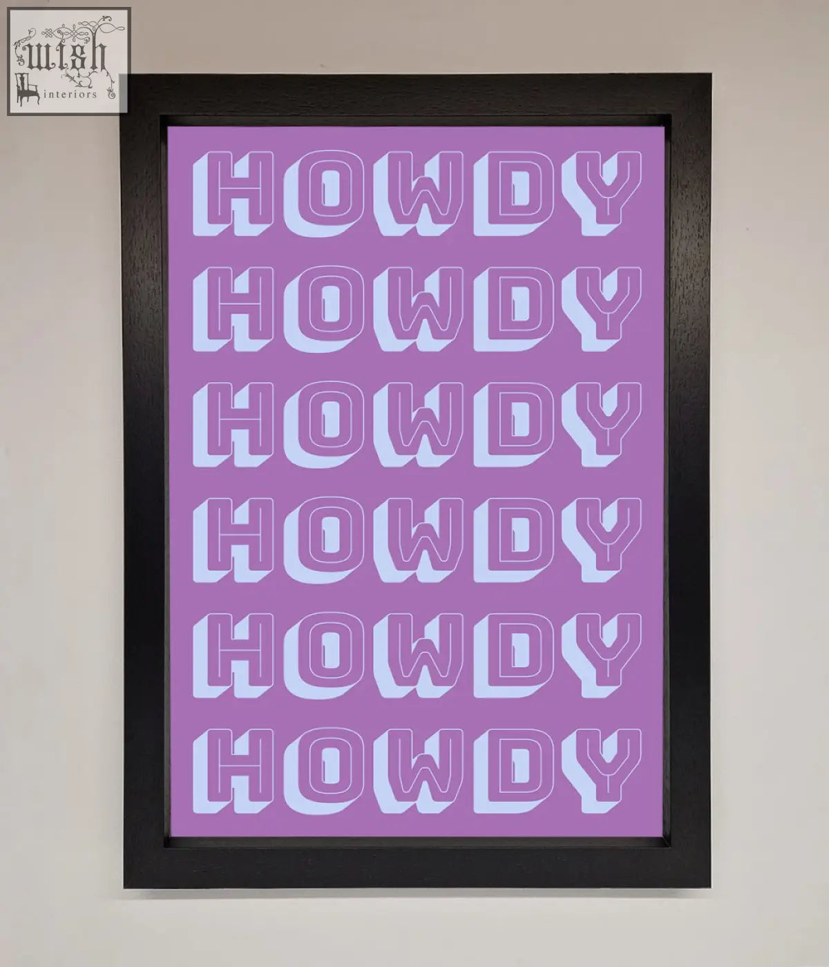 Purple framed howdy framed poster featuring bold white howdy lettering repeated for wall decor