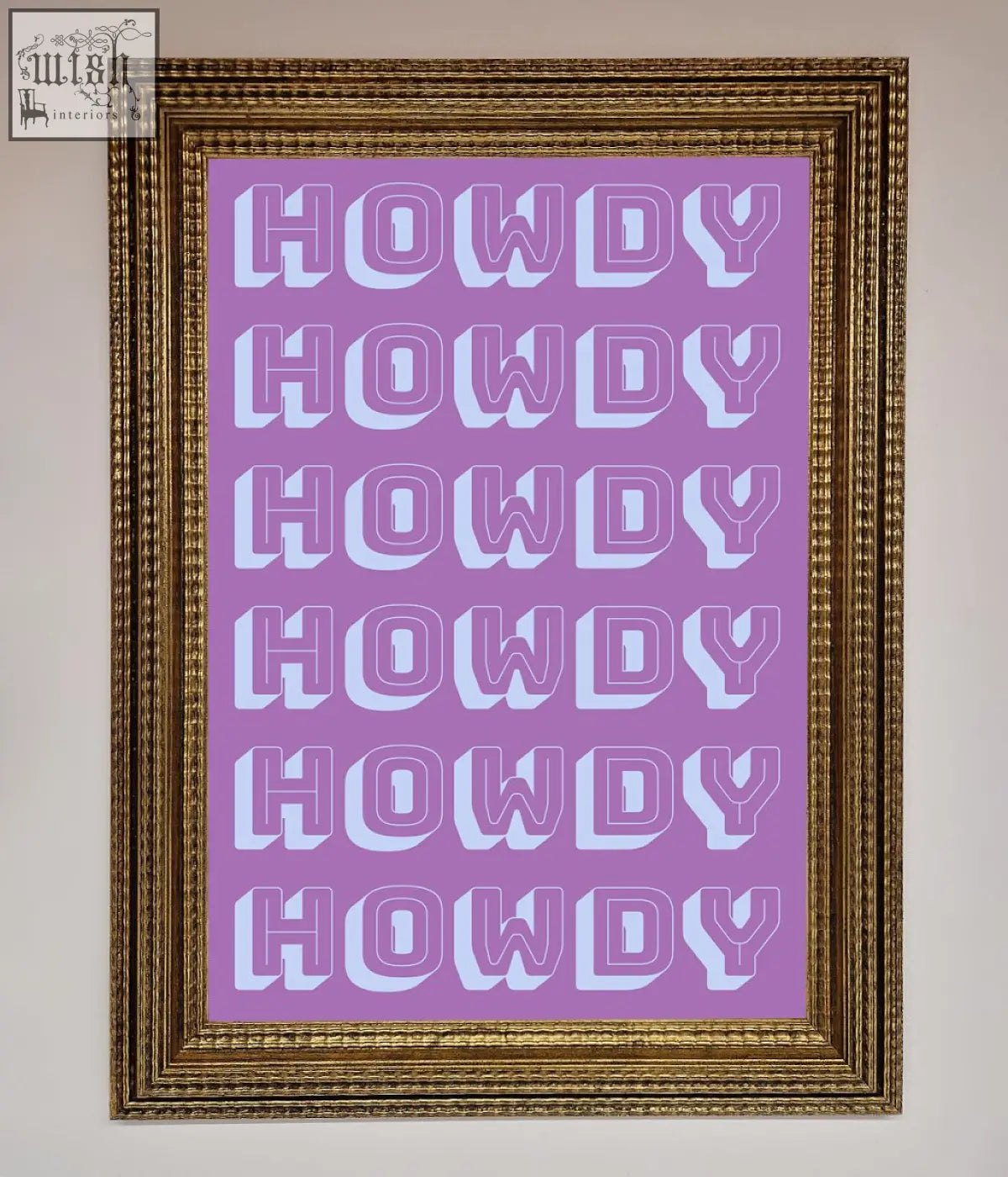 A howdy framed poster with bold white lettering repeated on a solid lavender background in a sleek frame