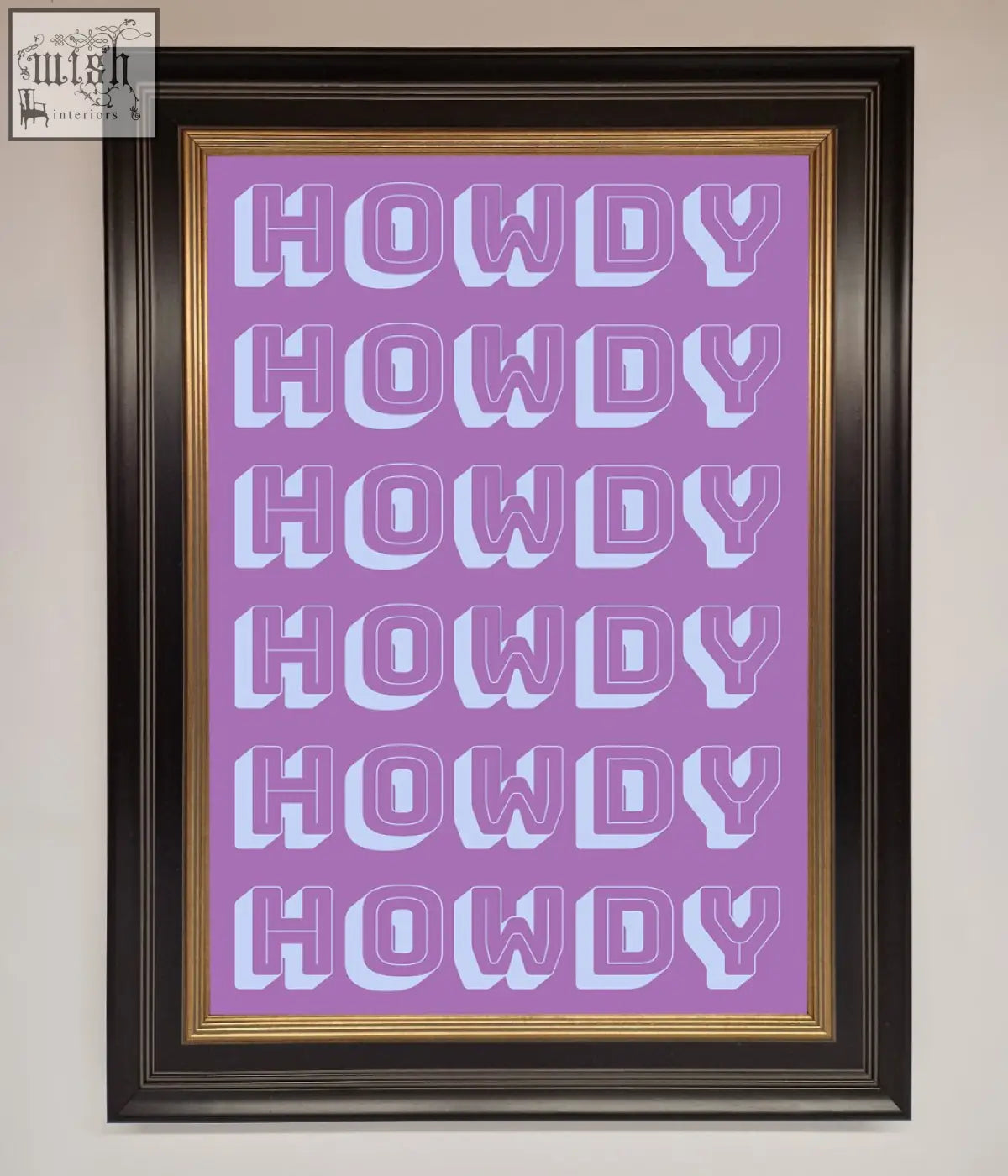 Purple framed howdy framed poster with bold white outlined howdy text repeated in modern art print style