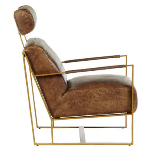 Hoxton Brown Leather Lounge Chair With Rose Gold Iron Frame - Arm Chair